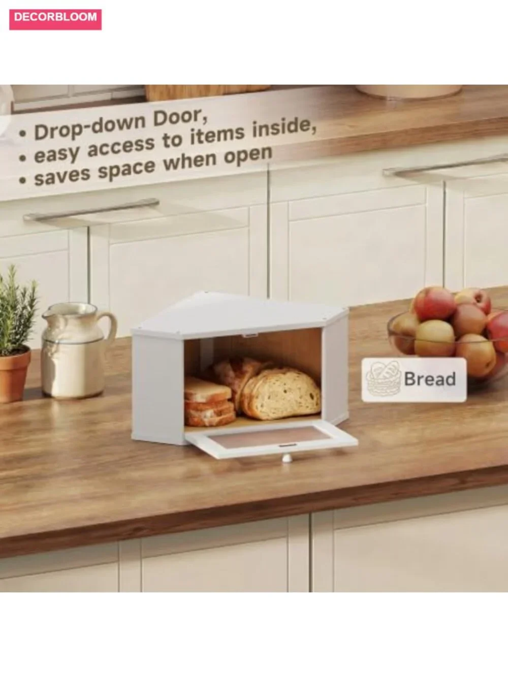 Corner Bamboo Bread Box with Translucent Acrylic Door for Kitchen Countertop